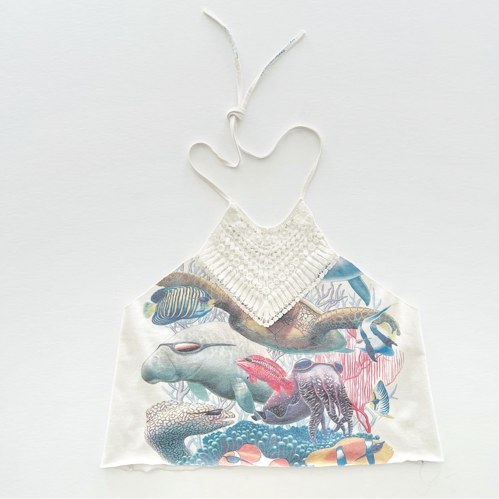 Furst of a Kind Crop Halter Top Re-worked Vintage Marine Animals Wearing Sunnies - Picture 7 of 7